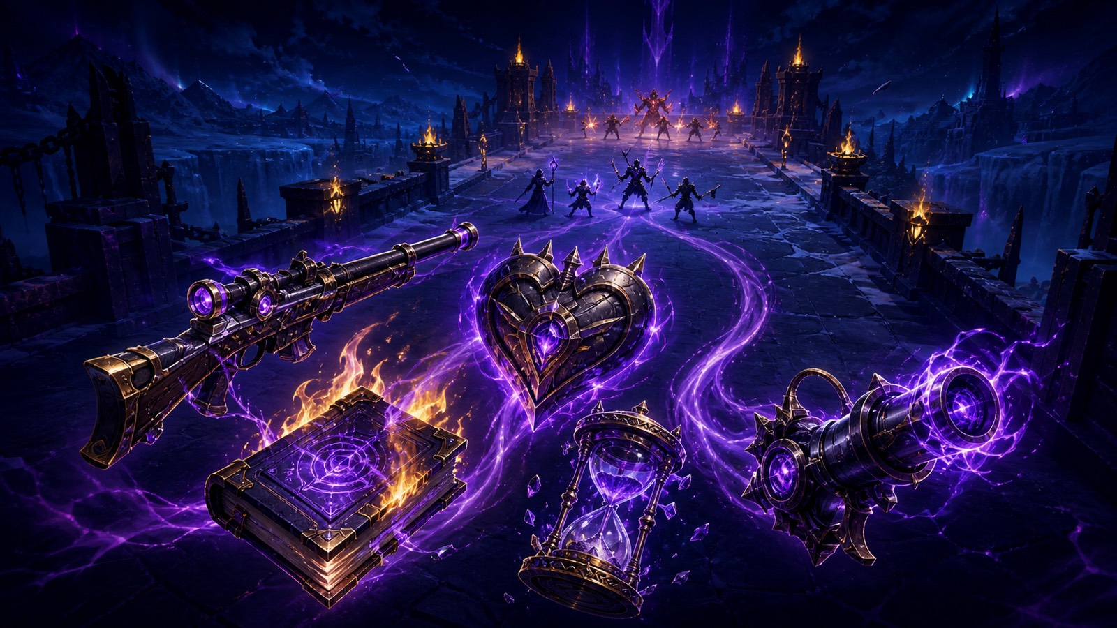 A frozen single-lane bridge lit by purple magic, with a rifle, steel heart, burning spellbook, hourglass and arcane cannon floating above the battlefield.
