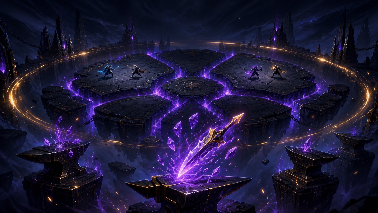 A dark circular arena divided into combat platforms, with purple stat shards forging a golden blade above an anvil.
