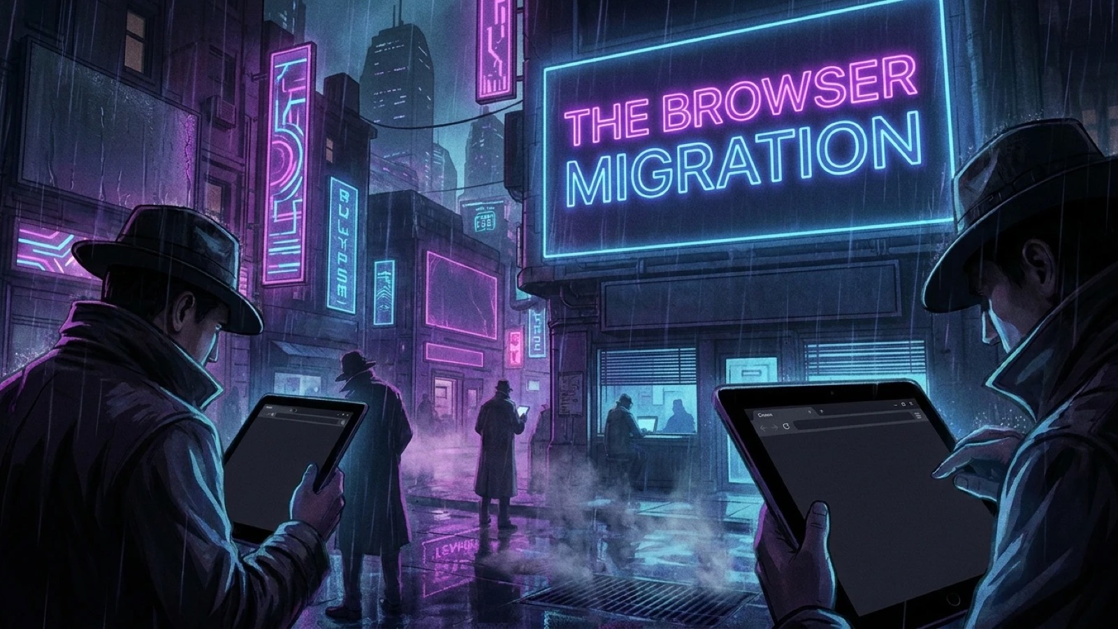 A rain-soaked, neon-lit cyberpunk street at night where two trench-coated figures read web browsers on tablets, beneath a glowing sign that reads The Browser Migration.