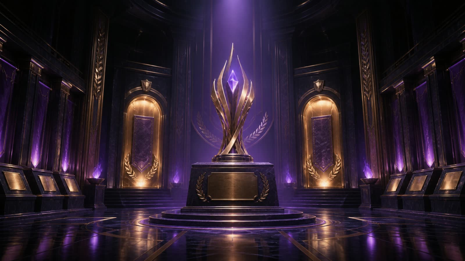 A ceremonial hall of fame with a violet-and-gold championship monument surrounded by blank honor plaques.