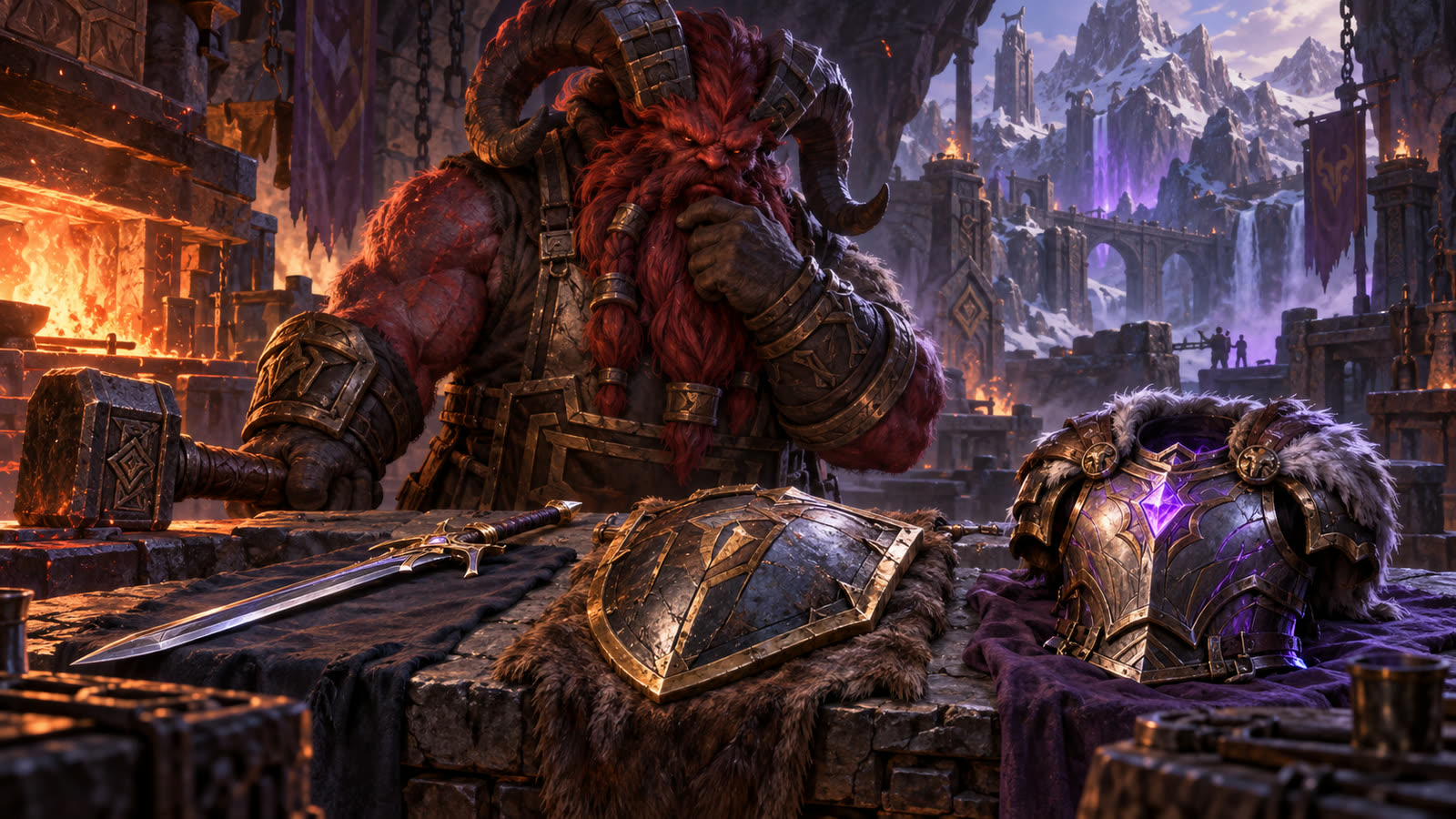 Ornn considering a sword, shield and armor at his forge.