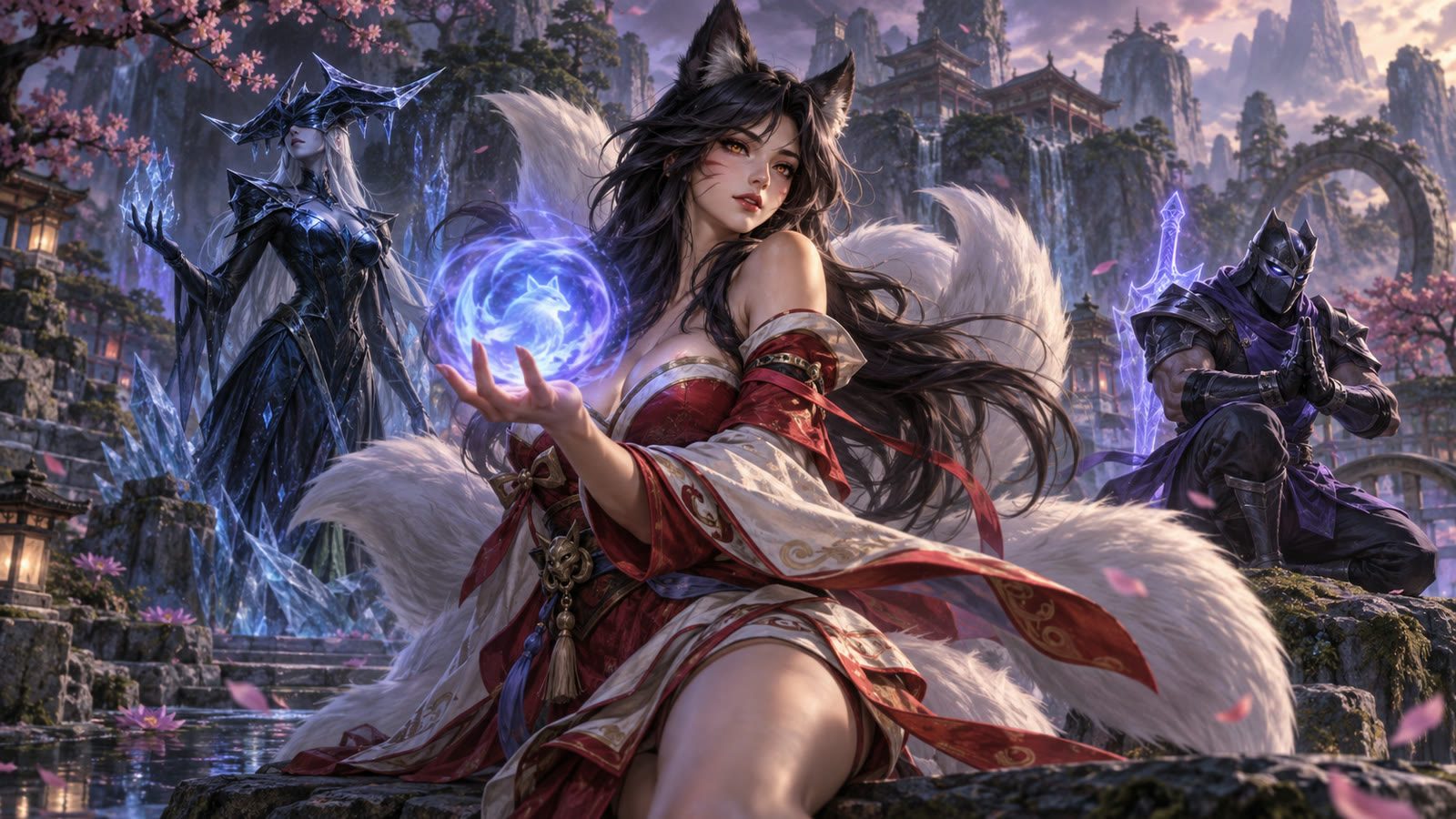 Ahri, Lissandra and Shen gathered in a training garden.