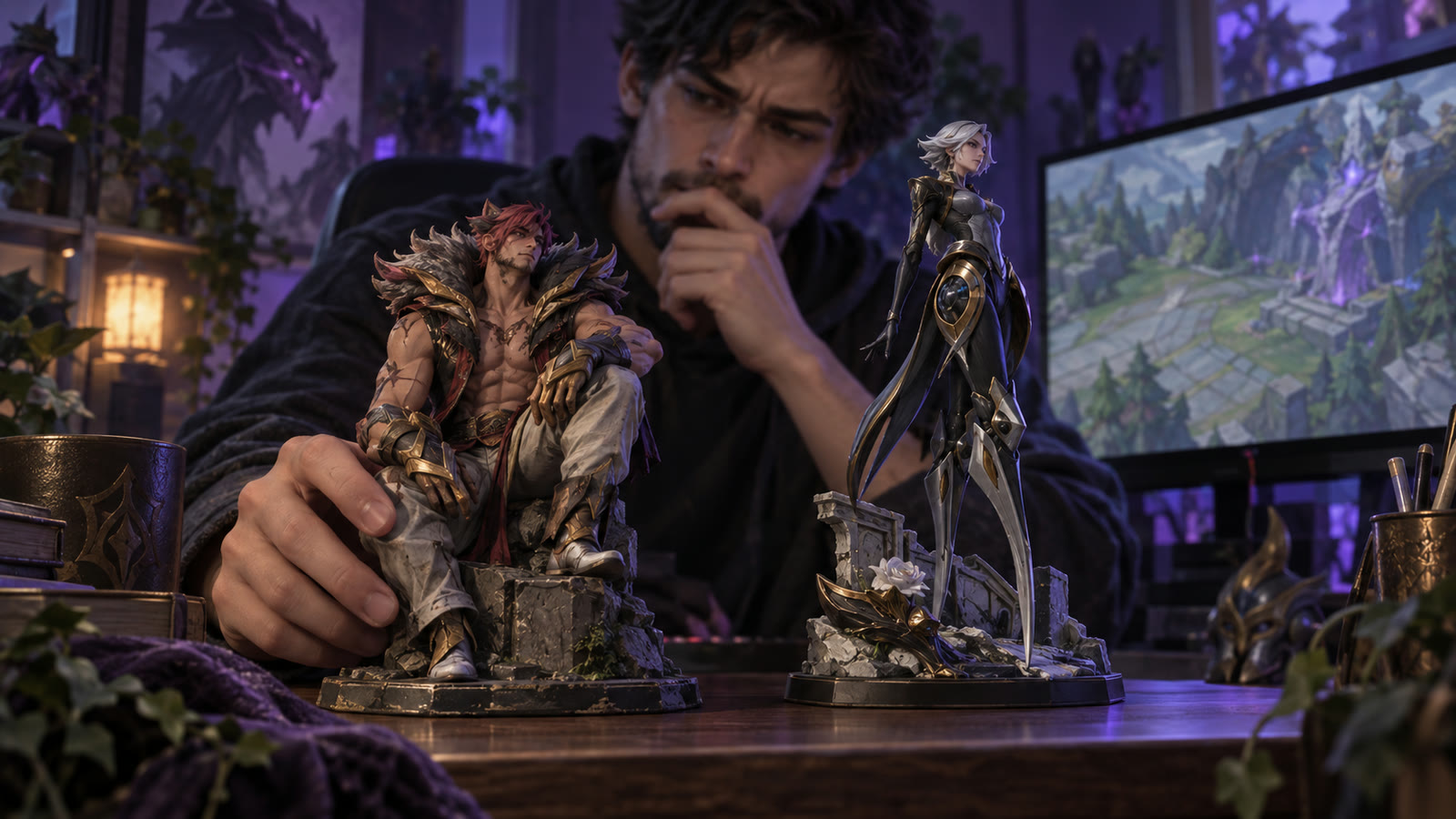 A player choosing between Sett and Camille figurines.