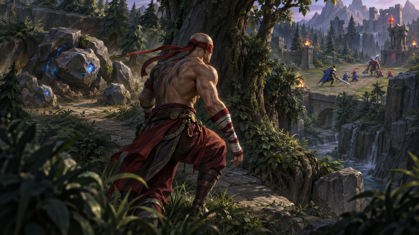 Lee Sin considering a stone monster camp and a nearby lane.