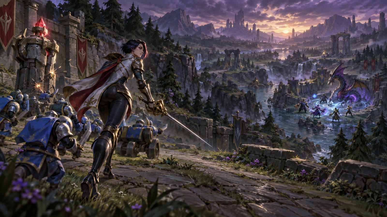 Fiora pressuring an enemy turret while allies gather elsewhere.