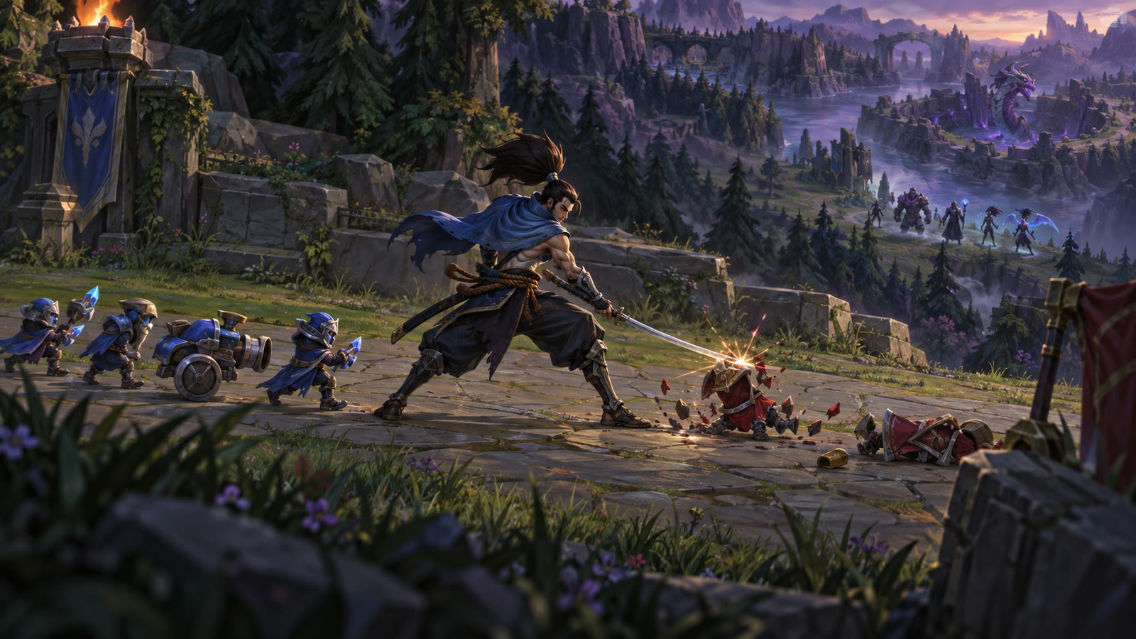 Yasuo farming a side lane with allies visible in the distance.