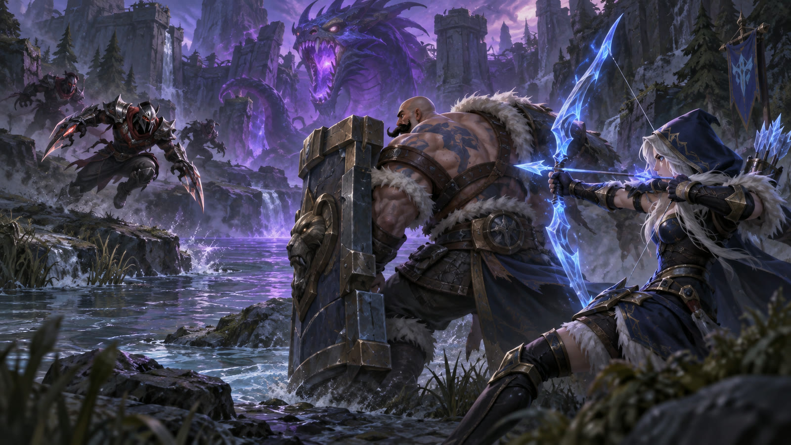 Ashe positioned behind Braum’s shield with Zed approaching.