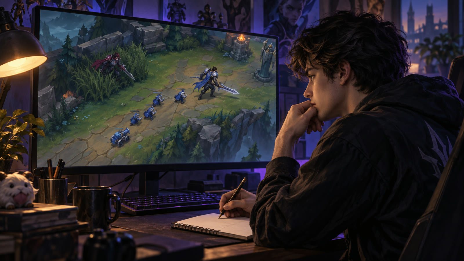 A player studying a paused replay at a softly lit desk.