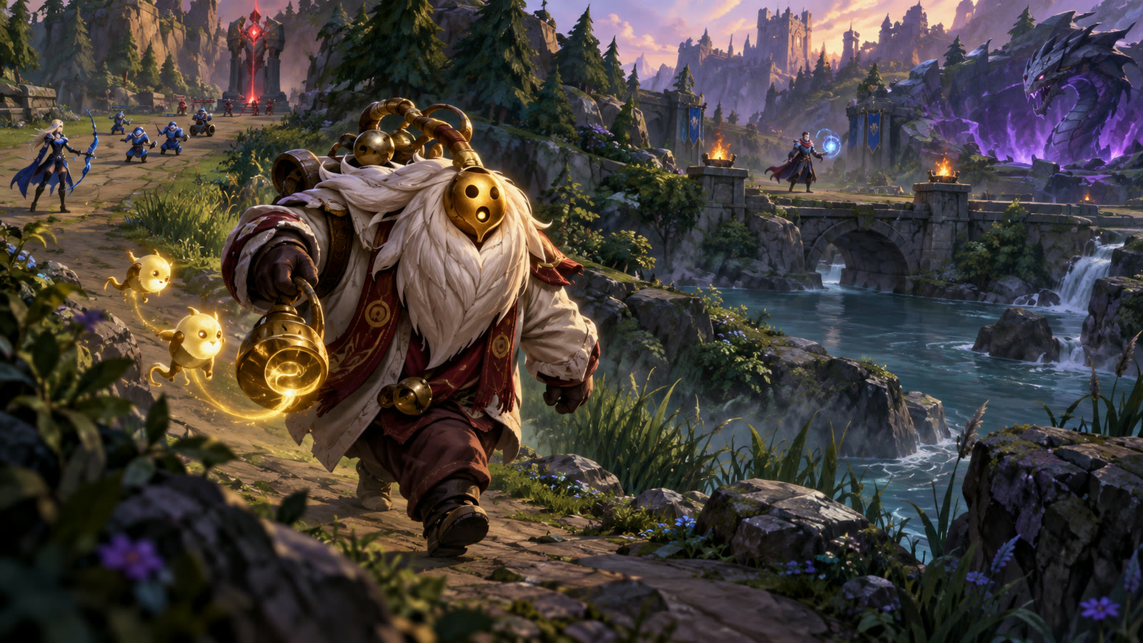 Bard walking along the river while an ally stays in lane.