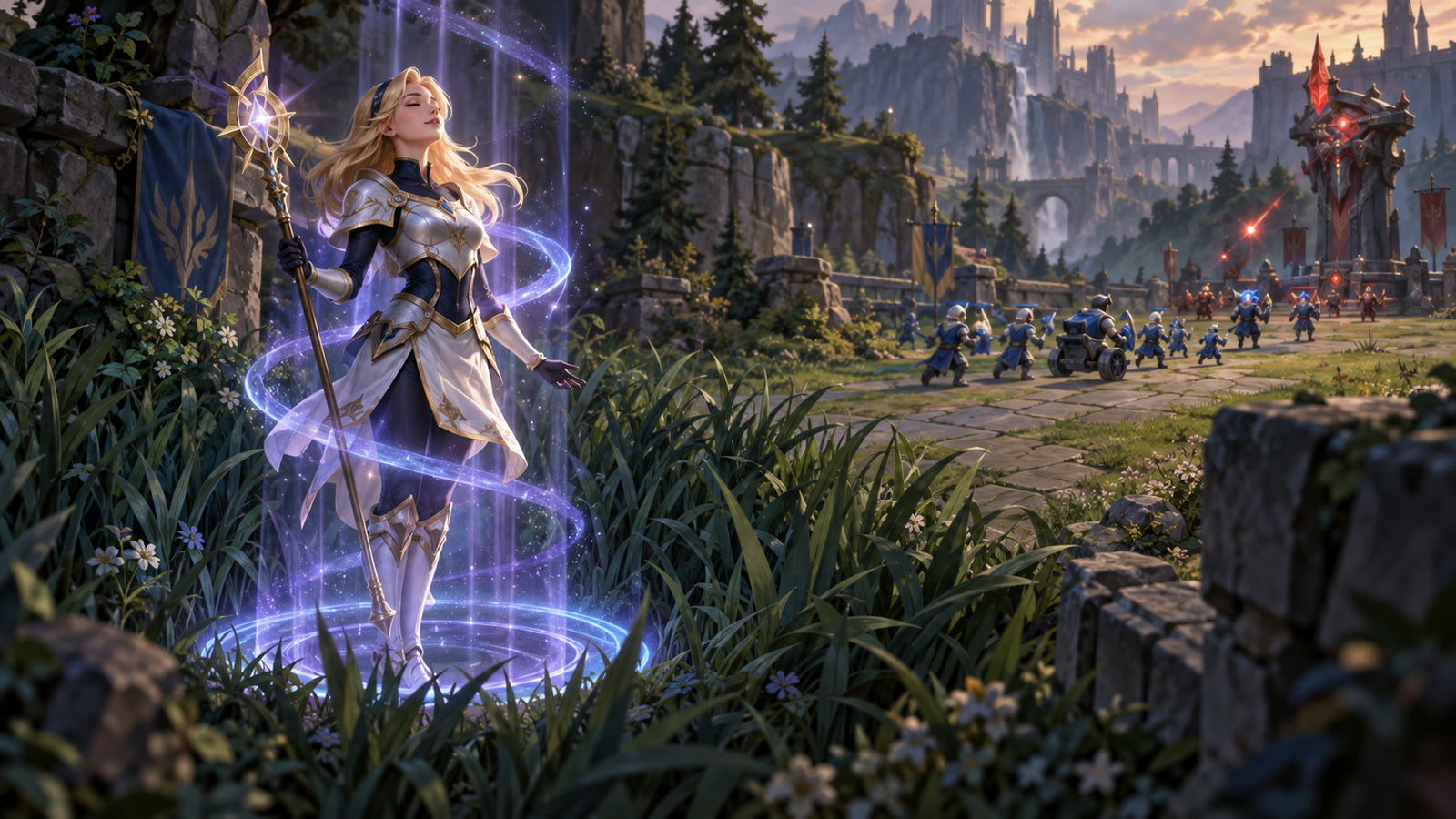 Lux recalling from shelter as blue minions reach an enemy turret.