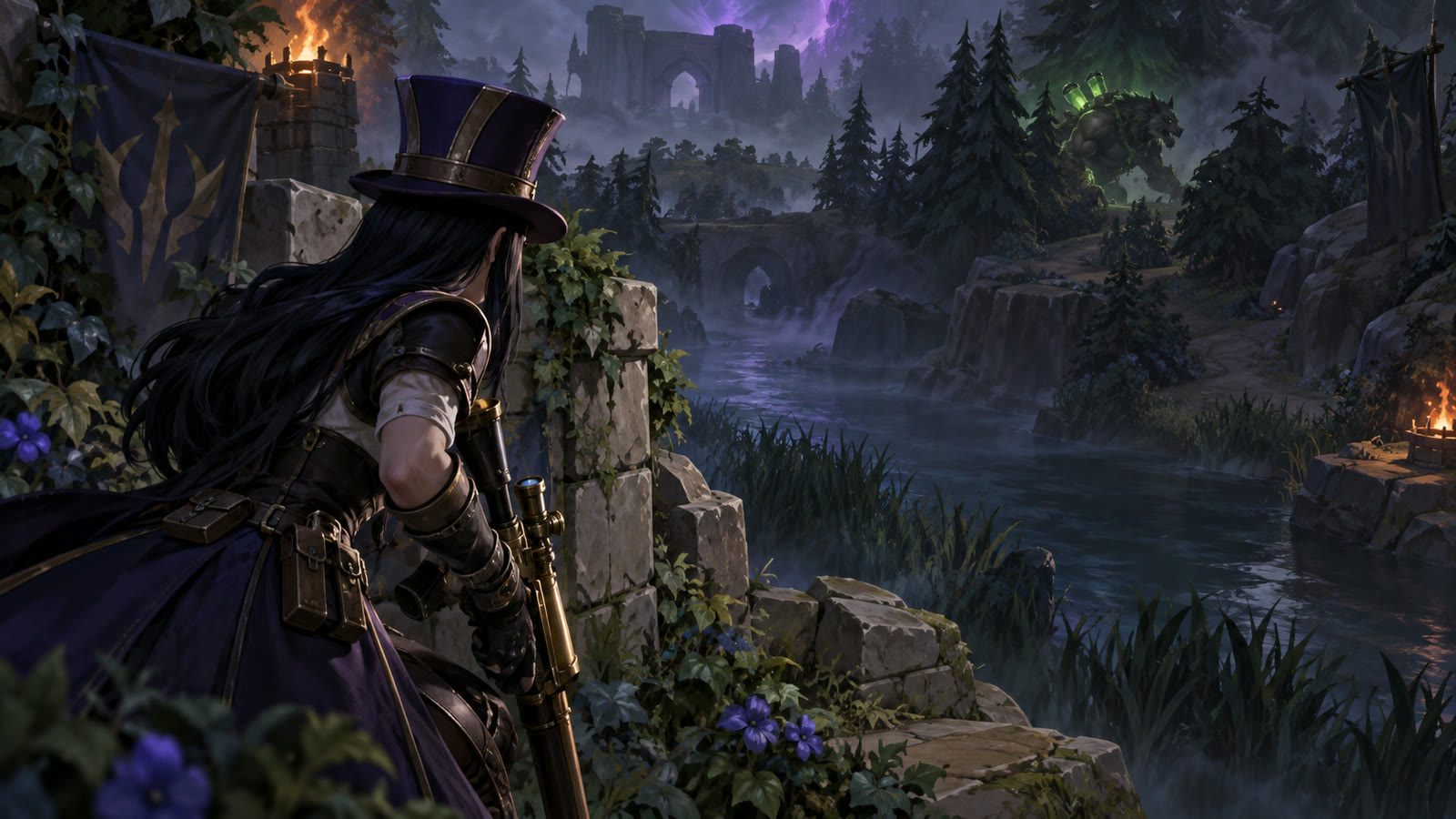 Caitlyn watching a jungle entrance as Warwick appears among the trees.