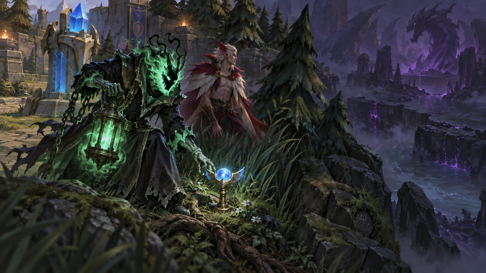 Thresh placing a ward with an ally guarding the approach.