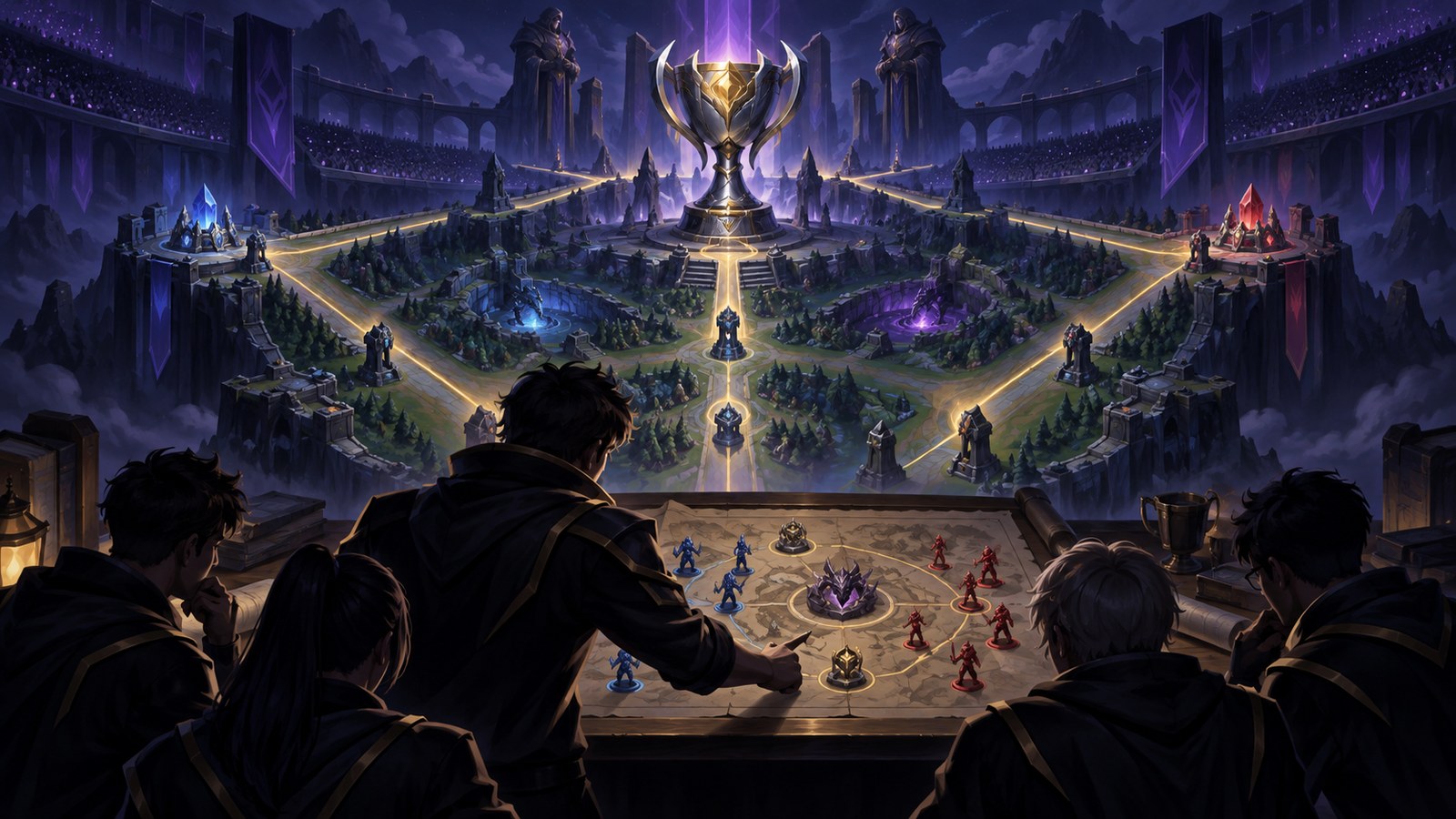 Illustrated team planning on a tactical board beneath a trophy in a fantasy esports arena
