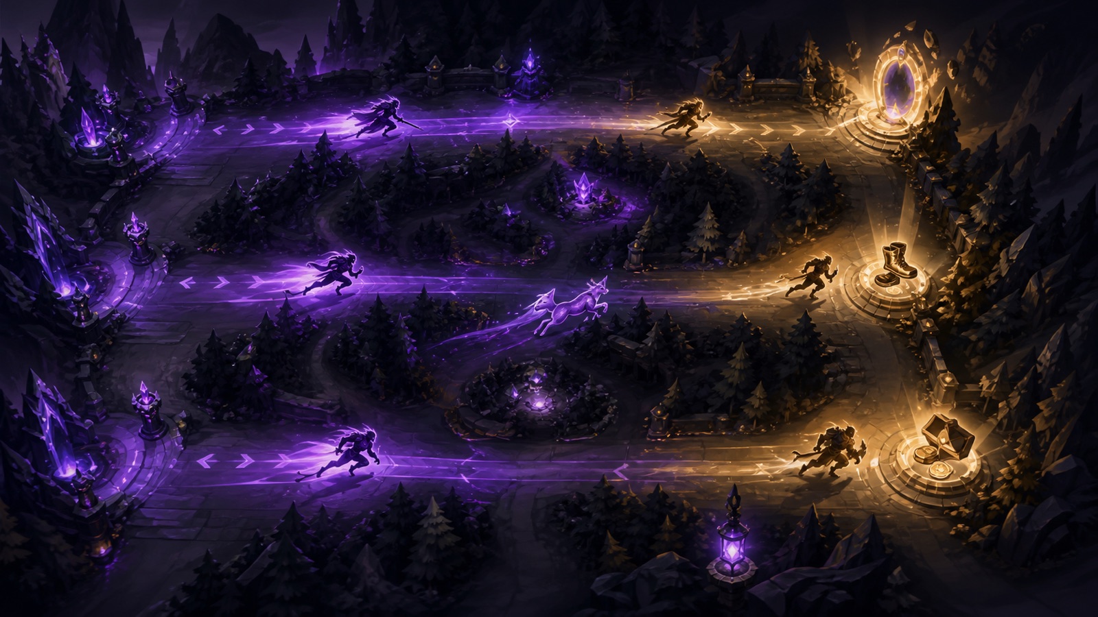 Three glowing lanes where violet and gold players race toward different role quest rewards.