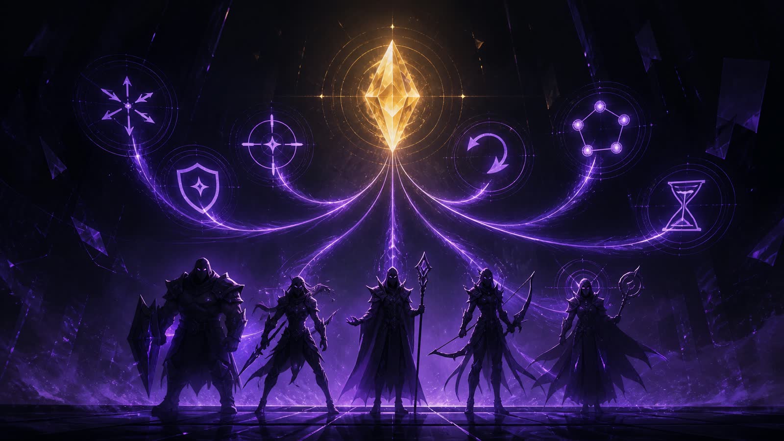 Five violet champion archetypes beneath tactical symbols that converge on one golden victory point.