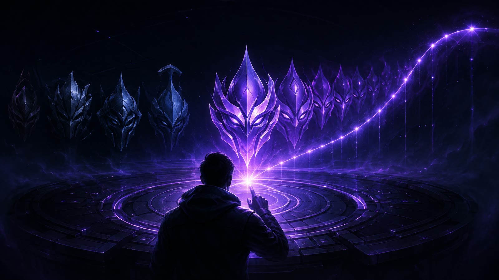 A player choosing one violet champion emblem as a mastery curve rises and levels off behind it.