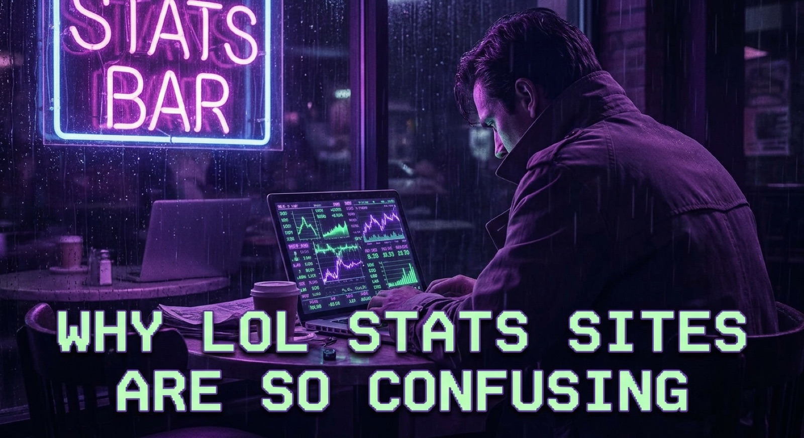 A player at a laptop in a rainy neon-lit bar, the screen filled with charts, under a sign reading Stats Bar.