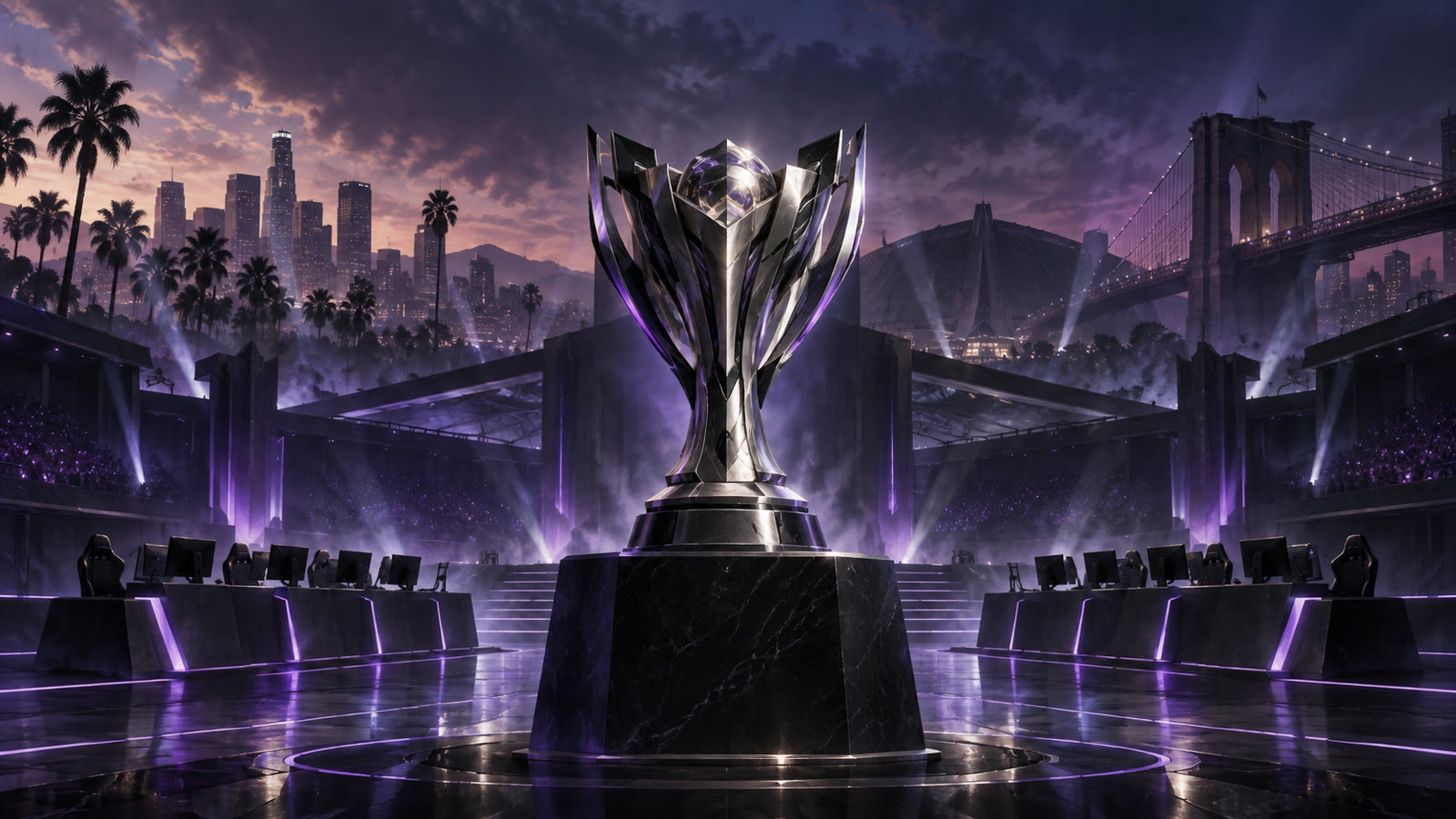 Illustrated silver championship trophy above an esports stage, with Los Angeles, Texas and Brooklyn scenery.