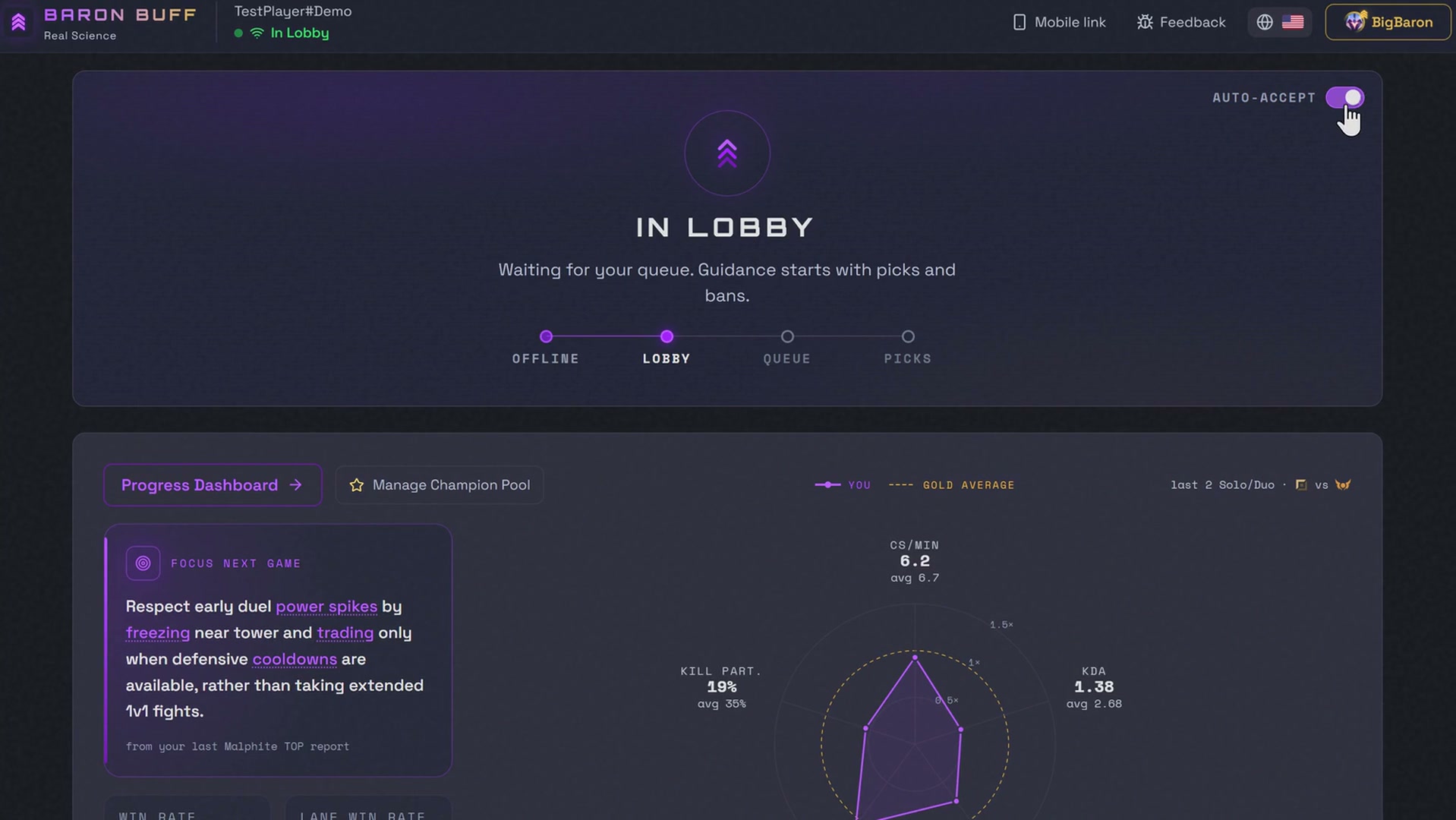 The Baron Buff pre-game screen in the browser: lobby status, next-game focus and benchmarks