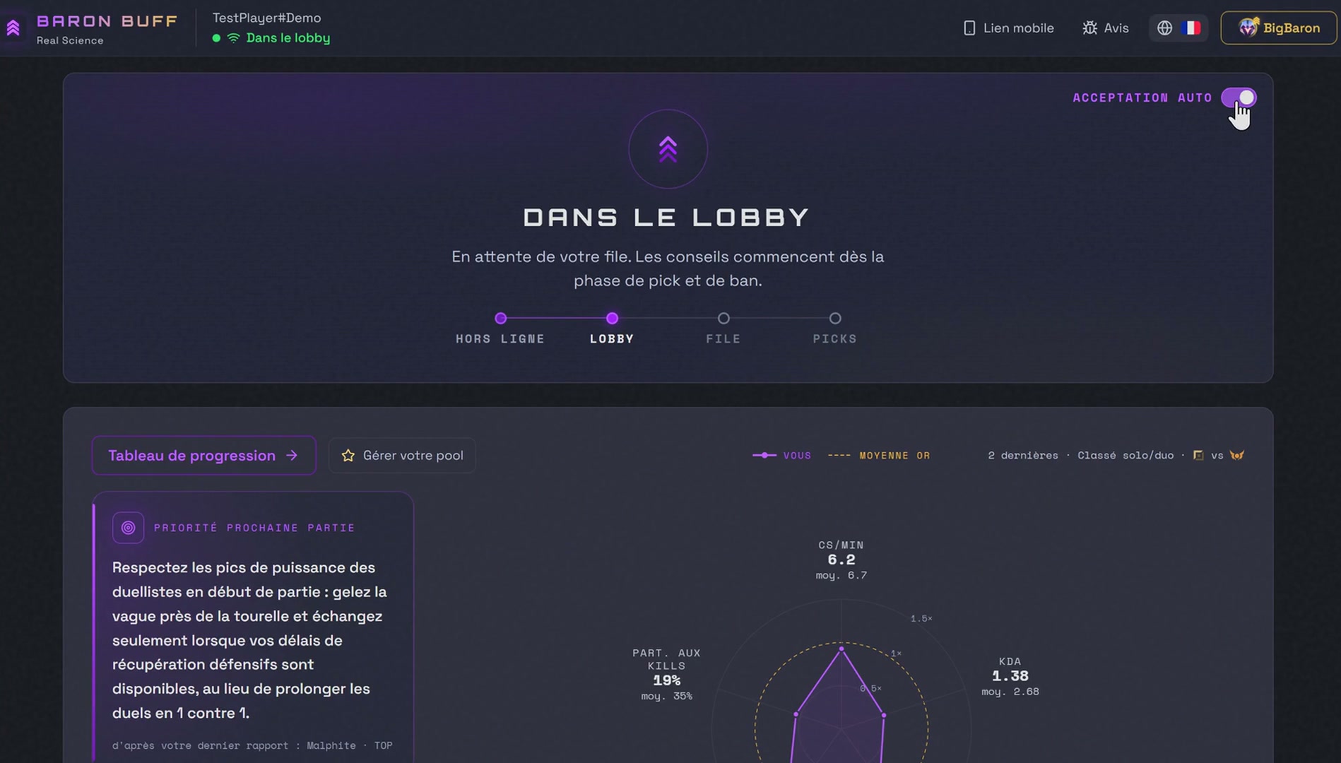 L’écran d’avant-partie de Baron Buff dans le navigateur : état du salon, objectif pour la prochaine partie et repères