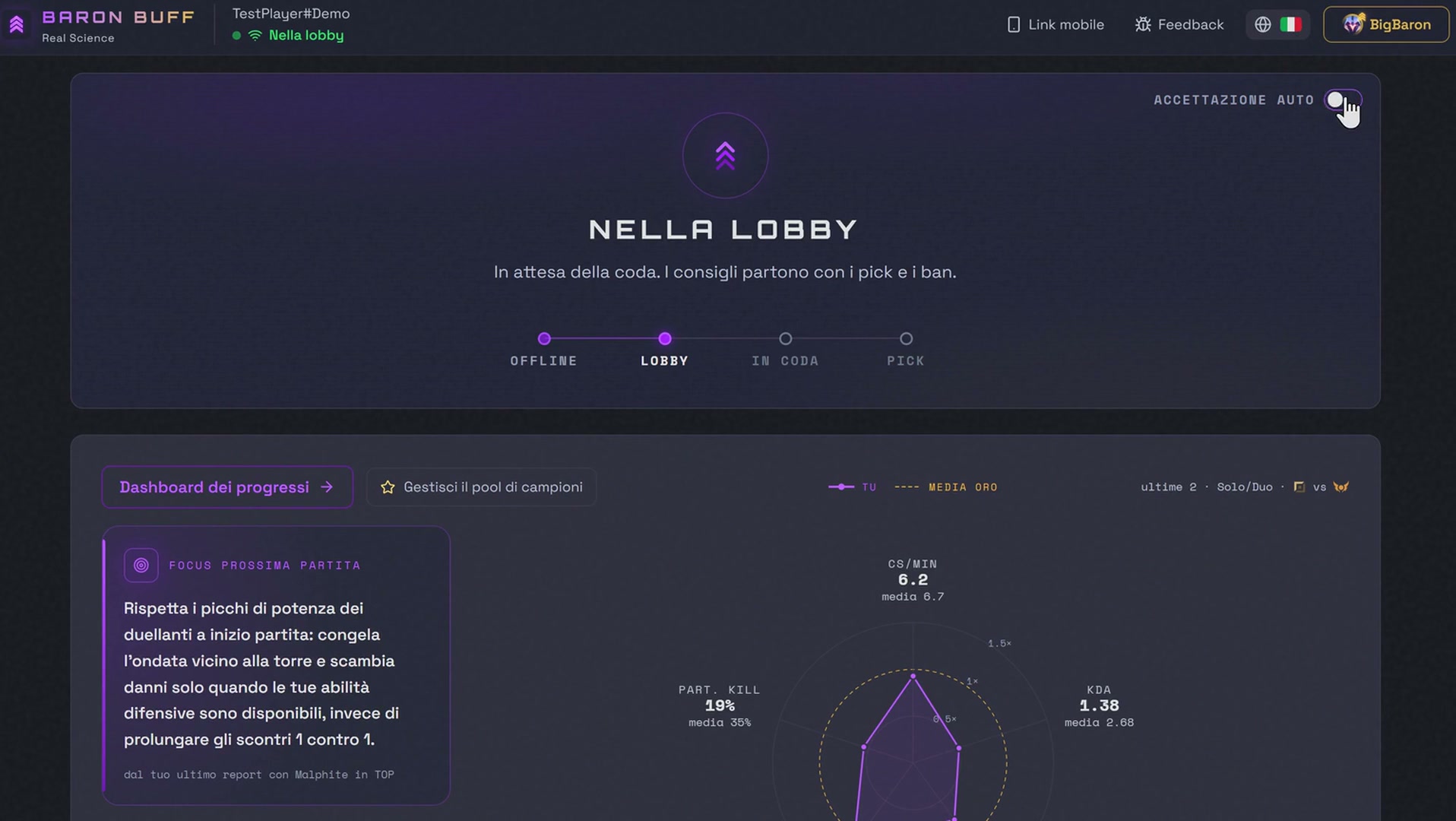 La schermata pre partita di Baron Buff nel browser: stato della lobby, focus per la prossima partita e riferimenti