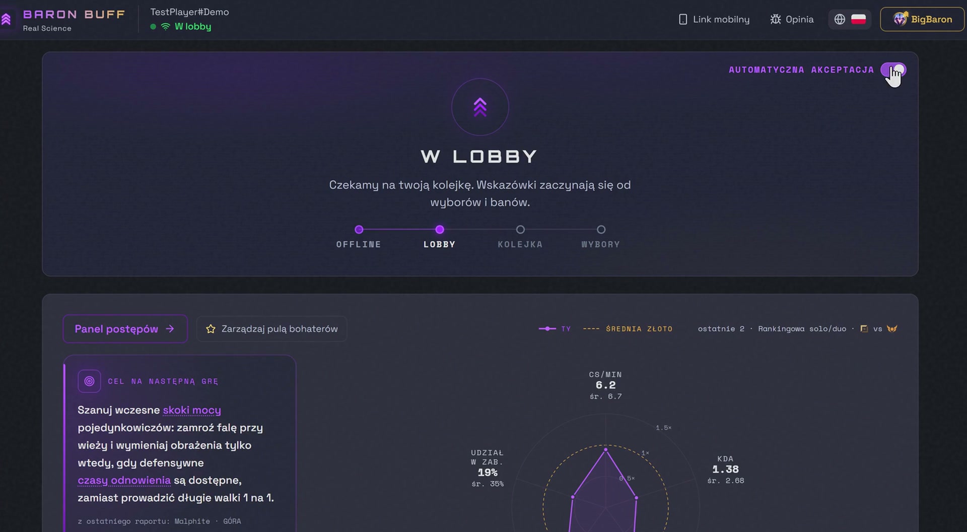 Ekran przed meczem w Baron Buff w przeglądarce: stan lobby, cel na następny mecz i wartości odniesienia